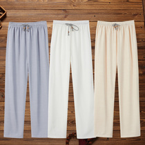 Chinese style linen pants Summer thin ice silk large size loose straight cotton and hemp pants elastic waist mens casual pants