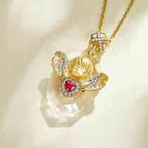 18K Little Love Angel Natural Pigeon Blood Ruby Diamond Pendant White Crystal New Love Necklace Clavicle Chain