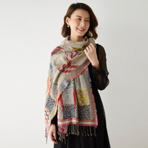Retro handmade nail beads hook flower block color fashion ethnic style boiled wool scarf shawl autumn winter warm