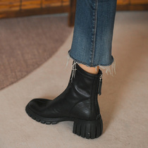  European station winter 2021 new black leather womens shoes mid-heel round-head thick-heeled Martin boots thick-soled back zipper booties