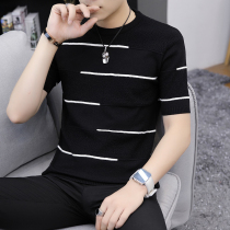 2021 autumn new personality stripe short sleeve sweater men slim round neck line sweater tide