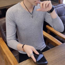 Mens thin sweater 2021 Spring and Autumn New V collar long sleeve solid color thread coat mens base shirt trend sweater