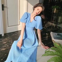 France maje21 new goddess fan temperament elegant blue V-neck waist thin bubble sleeve dress