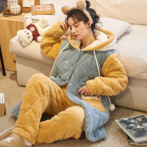 Three-layer cotton pajamas womens winter coral velvet padded and velvet set warm flannel home clothing spring and winter