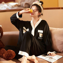 Pajamas womens spring and autumn and summer thin cotton long-sleeved two-piece suit Autumn and winter cardigan casual cotton womens home clothes