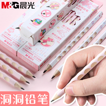 Morning light Cherry blossom season hole hole pencil for primary school students Non-toxic first and second grade hb pencil for kindergarten beginners Children use triangle rod to correct grip posture Special pencil for word practice thickened logs