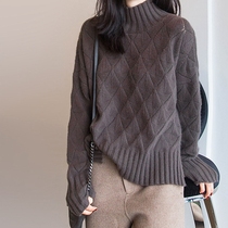 basic pink brown diamond pattern turtleneck sweater women autumn and winter loose lazy style retro pullover sweater