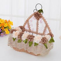 Cute creative pastoral hanging basket wall hanging basket lace storage basket rattan fabric key basket remote control Blue