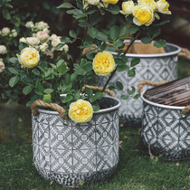 Flowers blossom retro embossed double ear hemp rope wrought iron flower bucket plant flower pot Nordic garden courtyard outdoor decoration