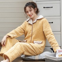 Pajamas women winter coral velvet cotton three-layer thick plus velvet warm autumn and winter flannel cotton-padded jacket home suit