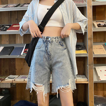 Large size hole denim shorts womens summer high waist loose 2021 new fat mm straight five-point pants ins tide