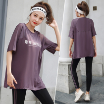 Large size sports suit womens summer fitness yoga clothes fat mm200 kg quick-drying clothes short sleeve loose morning running clothes