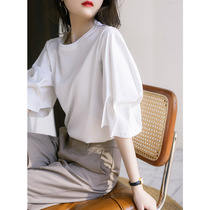 Xiao Han Pavilion bubble sleeve design sense niche French short sleeve cotton T-shirt short coat female summer XYG481974MG