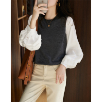 Laughs culvert Aging Wool Mulberry Silk Splicing Lantern Sleeve Blouse Design Sensation Female Niche ZY259356AG