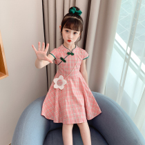 Girls cheongsam dress 2021 new summer style big childrens plaid girl Hanfu princess skirt