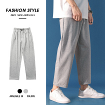 Sports pants mens spring and autumn Korean trend straight wide leg trousers plus velvet casual pants loose nine-point trousers