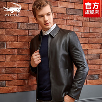 Crocodile mens leather leather lapel jacket Slim zipper Wild trend autumn and winter mens sheepskin motorcycle jacket