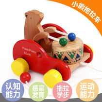 Childrens bear drumming drag car toddler wooden hand pull line Pull walking baby pull rope toy car young 1 year old