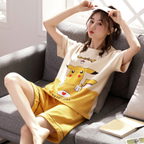 Spring and summer pure cotton short-sleeved womens pajamas Summer thin cartoon cute student home clothes large size two-piece suit