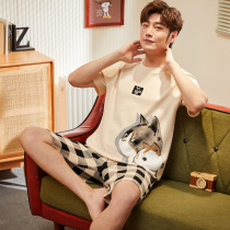 Mens pajamas summer cotton short sleeves thin cartoon plus size mens teen student summer homewear set