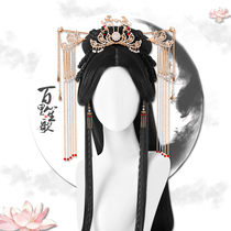 Antique Hanfu middle wig Wei Jin wind skirt full head cover type middle long straight hair ancient dress girl whole top shape