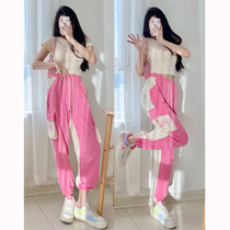 Net Red Sports Suit Women Xia 2022 New Short Sleeves Fashion Foreign Air Salt Teal Fried Street Casual Work Pants Two Sets