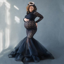 Pregnant women in Europe and America Photo Liandress Dress Lace Mesh Yarn High Collar Fluffy long dress Photographic Clothing