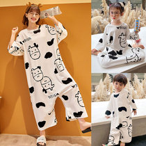 Parent-child pajamas female spring and autumn childrens conjoined pajamas cotton children cartoon anti-kicking by summer cute home clothes