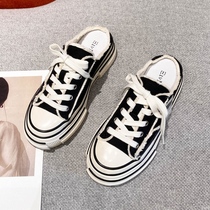 Wushe Europe and the United States ins wind black super fire street shot tassel canvas XIE Baotou thick bottom half drag leisure XIE female