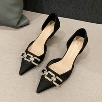 WUXIE Xianqi Super fairy Platycodon black pointed side empty high heels women hot drill thin heel shallow single shoes