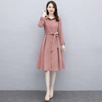 2021 Spring and Autumn New Korean version of womens temperament waist slim shirt collar dress age long sleeve Medium-length dress