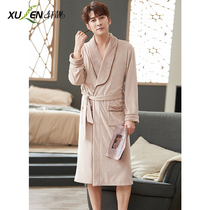Nightgown mens autumn and winter thickened velvet warm coral velvet Japanese-style one-piece bathrobe Spring and autumn long island velvet pajamas