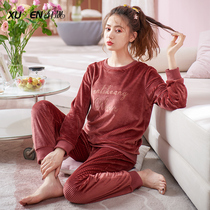 Pajamas womens spring and autumn thickened warm island velvet suit Autumn and winter thin coral velvet home clothes casual can be worn outside