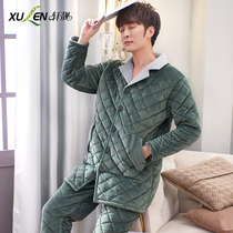 Mens pajamas autumn and winter coral velvet clip cotton-padded jacket long three-layer thick cardigan flannel warm winter suit