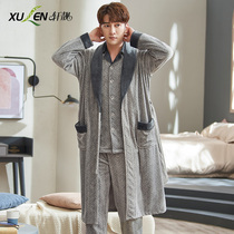 Nightgown Mens autumn and winter long-sleeved warm coral velvet pajamas Long spring and autumn and winter bathrobe home clothes three-piece suit
