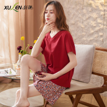 Pajamas womens summer thin cotton red short-sleeved floral shorts summer casual loose comfortable home wear suit