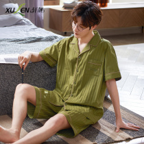 Mall style] pajamas mens summer thin woven tribute satin cotton short sleeves cotton homewear mens cardigan set