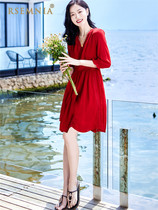 Rsemnia big red short skirt French retro waist small dress womens summer new chiffon beach dress