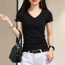 2021 summer black T-shirt womens short-sleeved V-neck white solid color tight chicken heart bottoming shirt with cotton top clothes