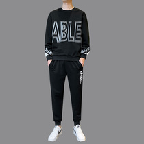 Black hooded sweater mens spring and autumn loose casual sports suit Korean version of the trend letter printing student two pieces
