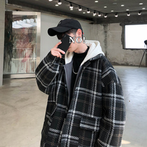 Hairy coat mens short Korean version of the trend brand plaid jacket English wind autumn and winter thick trench coat