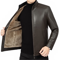 Woodpecker leather jacket male middle-aged leather jacket men plus velvet thickened leather wool one sheep winter coat