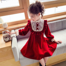 Korean girls autumn dress 2021 New style princess dress fashionable girl Autumn Winter red velvet skirt