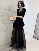 Black evening dress female 2021 new banquet temperament noble and dignified atmosphere host dress socialite long section