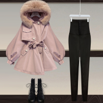Winter real Fox wool collar cotton suit 2021 new female fashion loose Parker suit plus velvet cotton jacket foreign personality