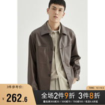 (Storage grid) square collar leather mens shoulder pocket profile top tide motorcycle leather jacket spring and autumn mens coat