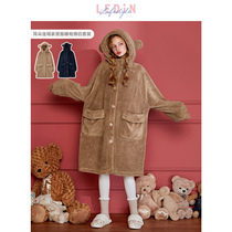  Le Cho monkey ears hooded couple bathrobe female long nightgown morning robe Autumn and winter home student cute plus size