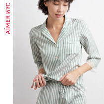 Aimer NYC pajamas womens thin cropped sleeves short sleeves striped loose housewear can be worn outside womens AN450141