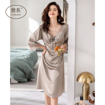Sleeping Dress Woman Sleepwear Spring Autumn Advanced Senses Silk Ice Silk Emulated Silk Long Sleeve Long big code Summer Palace Palace Wind style
