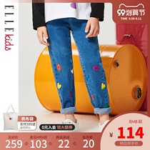 ELLE Kids childrens clothing girls trousers love printed jeans 2021 autumn new childrens loose straight pants